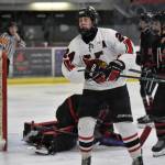 Kenai Centrals Avery Martin scores at the First National Cup Division II state hockey tournament Saturday, February 8, 2025, at the Soldotna Regional Sports Complex in Soldotna, Alaska. (Photo by Jeff Helminiak/Peninsula Clarion)