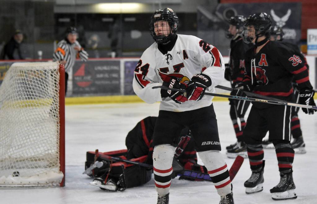 Kenai Centrals Avery Martin scores at the First National Cup Division II state hockey tournament Saturday, February 8, 2025, at the Soldotna Regional Sports Complex in Soldotna, Alaska. (Photo by Jeff Helminiak/Peninsula Clarion)