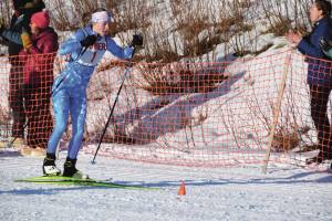Soldotnas Tania Boonstra sets out from the start on Saturday, Feb. 8, 2025 at the Lookout Mountain Cross-Country Ski Trails in Homer, Alaska. Boonstra, a junior, earned the title of Skimeister for the third year in a row at this weekends regional meet. (Chloe Pleznac/Homer News)
