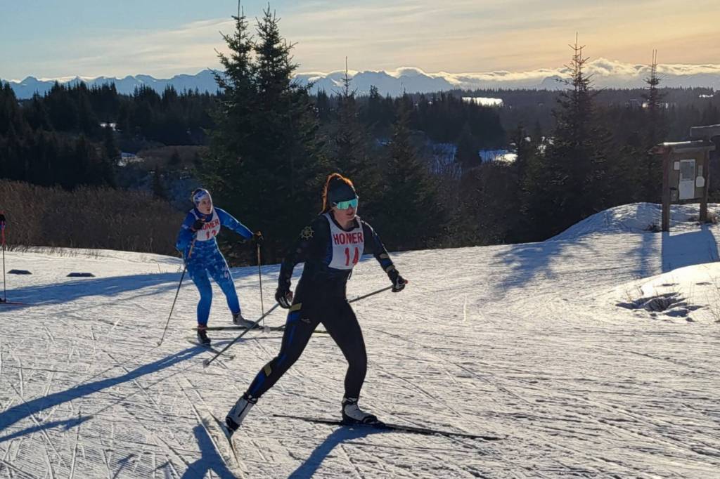 Homers Cassidy Carroll skates on a beautiful, bluebird day at the Lookout Mountain XCS Trails on Ohlson Mountain. Carroll earned an 11th-place finish in the freestyle and 14th place in the classic skate over the weekend. (Photo courtesy of Jessie Goodrich)