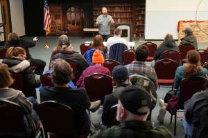 Rep. Bill Elam, R-Nikiski, speaks during a town hall meeting hosted by his office at the Nikiski Community Recreation Center in Nikiski, Alaska, on Saturday, Feb. 8, 2025. (Jake Dye/Peninsula Clarion)