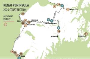 A map of 2025 construction projects scheduled for the Kenai Peninsula. (Provided by Alaska Department of Transportation and Public Facilities)