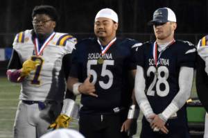 Soldotna's Kenai Lepule (55) was one of the players of the game at the Division II state championship at Colony High School in Palmer, Alaska, on October 26, 2024. (Photo by Jeff Helminiak/Peninsula Clarion)
