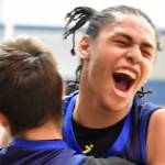 Marcarius Evans of Nanwalek celebrates a victory over Cook Inlet Academy on Saturday, February 15, 2025, at Cook Inlet Academy just outside of Soldotna, Alaska. (Photo by Jeff Helminiak/Peninsula Clarion)