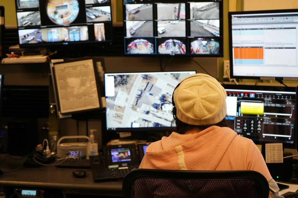 Makayla Derkevorkian demonstrates her work during Job Shadow Day at the Kenai Police Department in Kenai, Alaska, on Wednesday, Feb. 19, 2025. (Nizhonii Wood/Peninsula Clarion)
