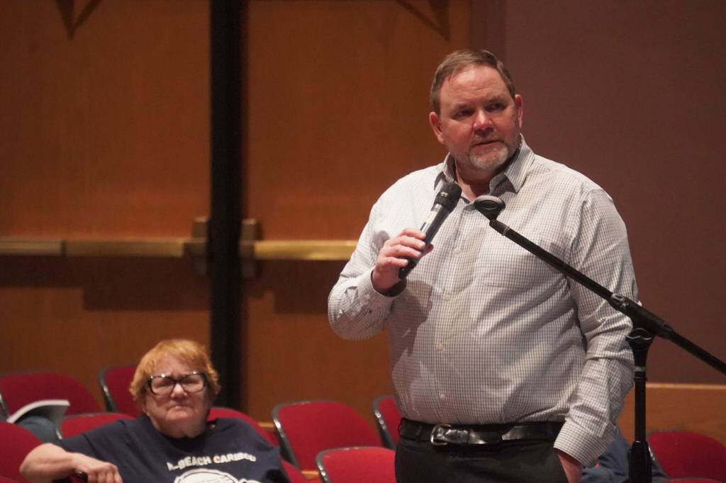 Superintendent Clayton Holland speaks during a Kenai Peninsula Borough School District budget development meeting at Kenai Central High School in Kenai, Alaska, on Wednesday, Feb. 19, 2025. (Jake Dye/Peninsula Clarion)