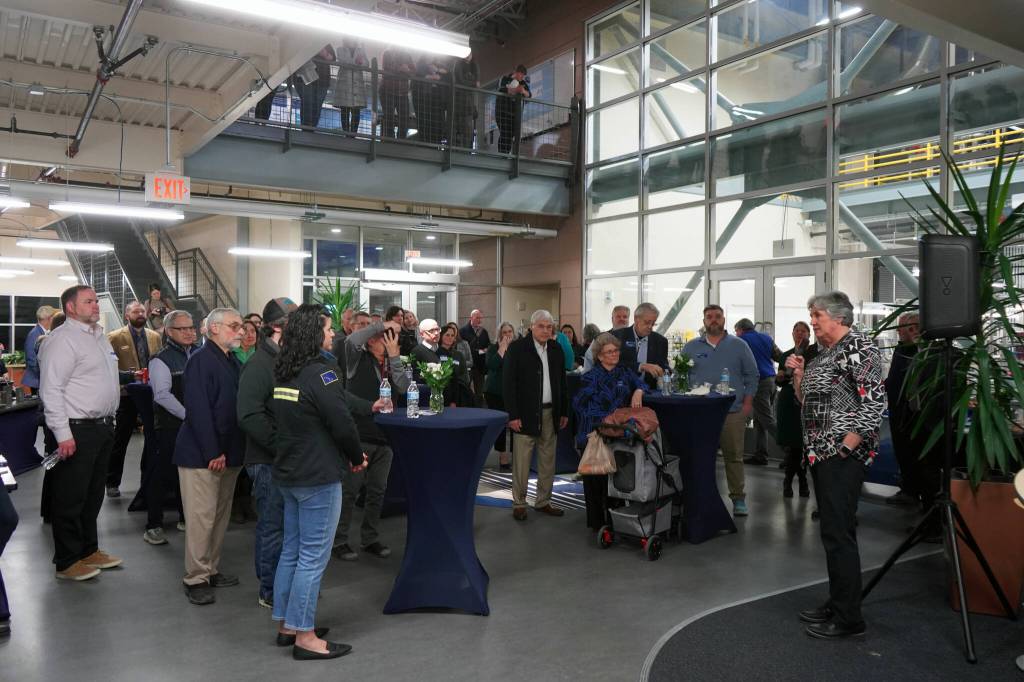 University of Alaska President Pat Pitney speaks at a showcase of Kenai Peninsula Colleges career and technical education programs in the colleges Career and Technical Center in Soldotna, Alaska, on Thursday, Feb. 20, 2025. (Jake Dye/Peninsula Clarion)