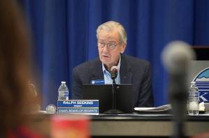 University of Alaska Board of Regents Chair Ralph Seekins speaks during a meeting at Kenai Peninsula College in Soldotna, Alaska, on Feb. 22, 2025. (Jake Dye/Peninsula Clarion)