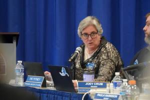 University of Alaska President Pat Pitney speaks during a meeting of the UA Board of Regents at Kenai Peninsula College in Soldotna, Alaska, on Feb. 22, 2025. (Jake Dye/Peninsula Clarion)