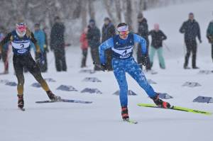 Soldotna's Ariana Cannava skis her team to third place in the 4-by-3-kilometer relay at the state Nordic ski meet at Kincaid Park in Anchorage, Alaska, on Saturday, Feb. 24, 2024. (Photo courtesy of Danika Winslow)