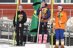 Soldotna junior Tania Boonstra (far left) took second in the girls 5-kilometer classic interval start Thursday, Feb. 20, 2025, at the state Nordic ski championships at Birch Hill in Fairbanks, Alaska. (Photo courtesy of Chip Abolafia)
