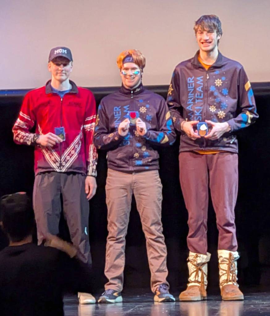 Kenai Centrals Chase Laker, Homers Jody Goodrich and Homers Johannes Bynagle were fist, second and third, respectively, among Division II athletes at the state Nordic ski championships Thursday and Friday, February 20 and 21, 2025, at Birch Hill in Fairbanks, Alaska. (Photo provided)