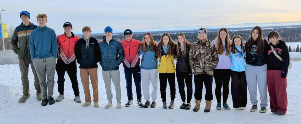 The Kenai Central ski team at the state Nordic ski championships Saturday, February 22, 2025, at Birch Hill in Fairbanks, Alaska. (Photo provided)