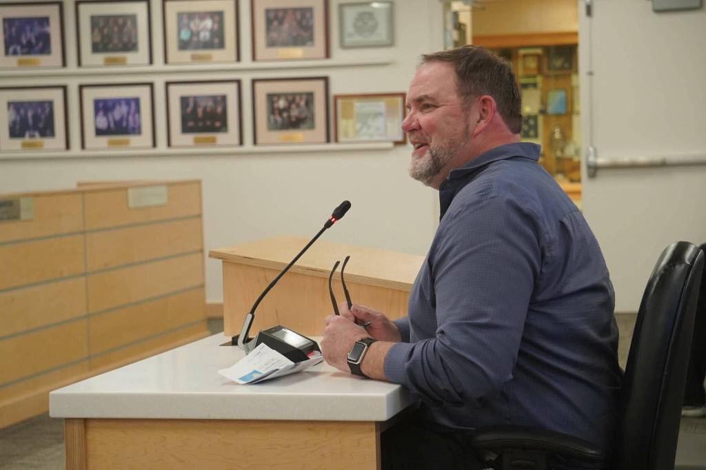 Kenai Peninsula Borough School District Superintendent Clayton Holland speaks during a meeting of the Kenai Peninsula Borough Assembly in Soldotna, Alaska, on Tuesday, Feb. 25, 2025. (Jake Dye/Peninsula Clarion)