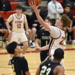 Kenai Centrals Caleb Litke drives to the basket against Redington on Thursday, February 27, 2025, at Kenai Central High School in Kenai, Alaska. (Photo by Jeff Helminiak/Peninsula Clarion)