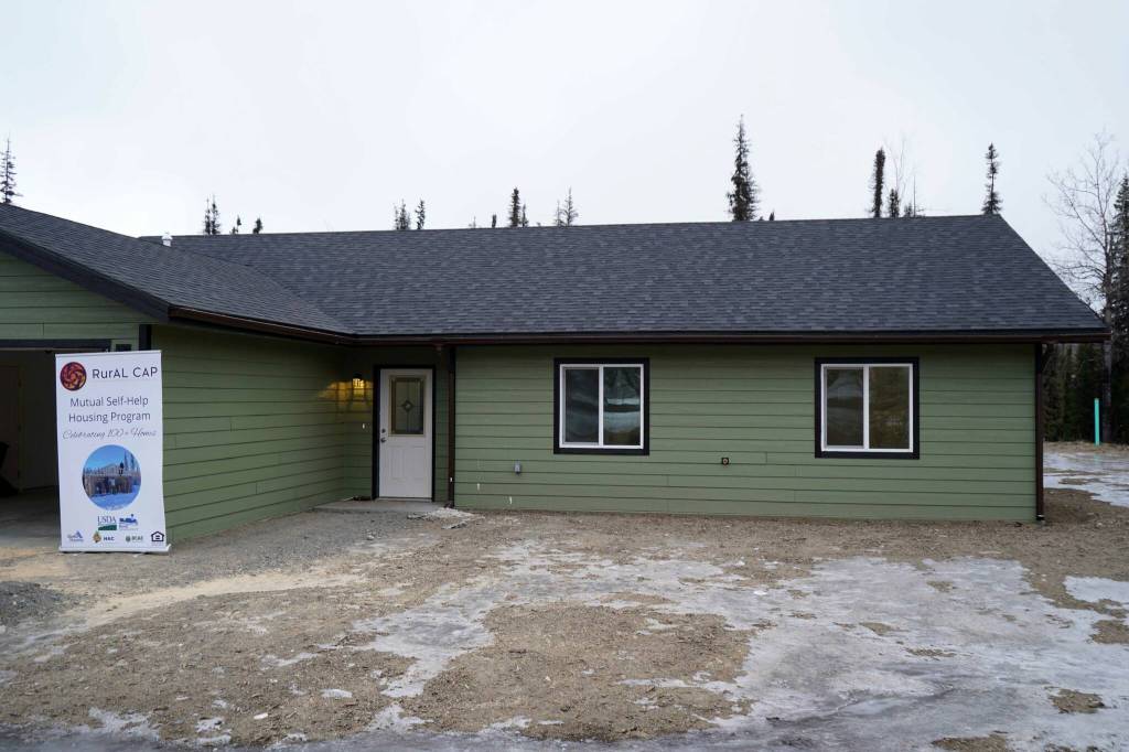 A home constructed as part of the Rural Alaska Community Action Programs Mutual Self-Help Housing Program is seen at a celebration of more than 100 homes constructed by RurAL CAP near Soldotna, Alaska, on Thursday, Feb. 27, 2025. (Jake Dye/Peninsula Clarion)