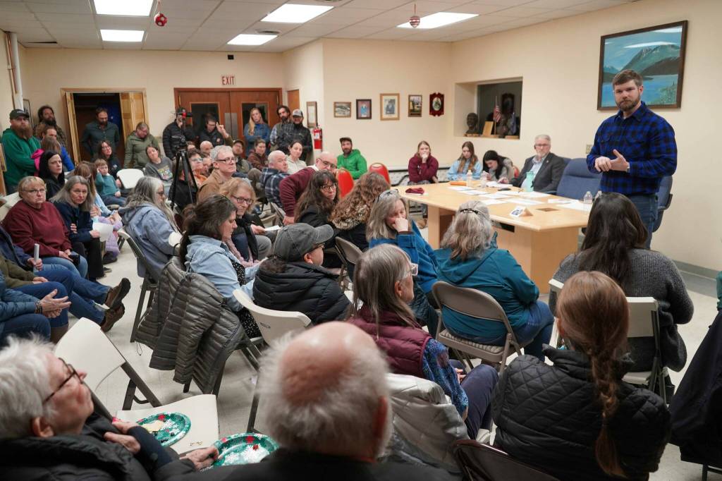 Sen. Jesse Bjorkman, R-Nikiski, speaks at a town hall meeting in the Moose Pass Sportsmans Club in Moose Pass, Alaska, on Friday, Feb. 28, 2025. (Jake Dye/Peninsula Clarion)