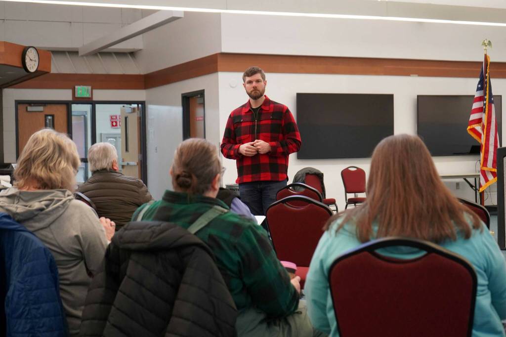 Sen. Jesse Bjorkman, R-Nikiski, speaks at a town hall meeting at the Nikiski Community Recreation Center in Nikiski, Alaska, on Saturday, March. 1, 2025. (Jake Dye/Peninsula Clarion)
