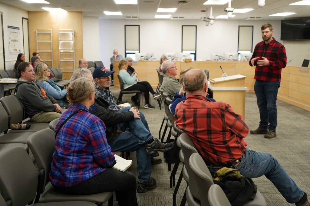 Sen. Jesse Bjorkman, R-Nikiski, speaks at a town hall meeting in the Kenai Peninsula Borough Assembly Chambers in Soldotna, Alaska, on Saturday, March. 1, 2025. (Jake Dye/Peninsula Clarion)
