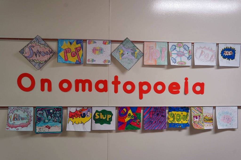 Artwork by Soldotna Elementary School students is displayed during an art show and music fundraiser at Soldotna Elementary School in Soldotna, Alaska, on Thursday, Feb. 27, 2025. (Jake Dye/Peninsula Clarion)