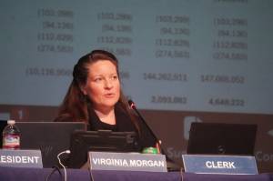 Virginia Morgan speaks during a meeting of the Kenai Peninsula Borough School Districts Board of Education in Homer, Alaska, on Monday, March 3, 2025. (Jake Dye/Peninsula Clarion)