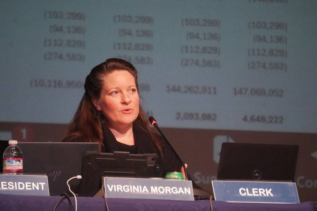 Virginia Morgan speaks during a meeting of the Kenai Peninsula Borough School Districts Board of Education in Homer, Alaska, on Monday, March 3, 2025. (Jake Dye/Peninsula Clarion)