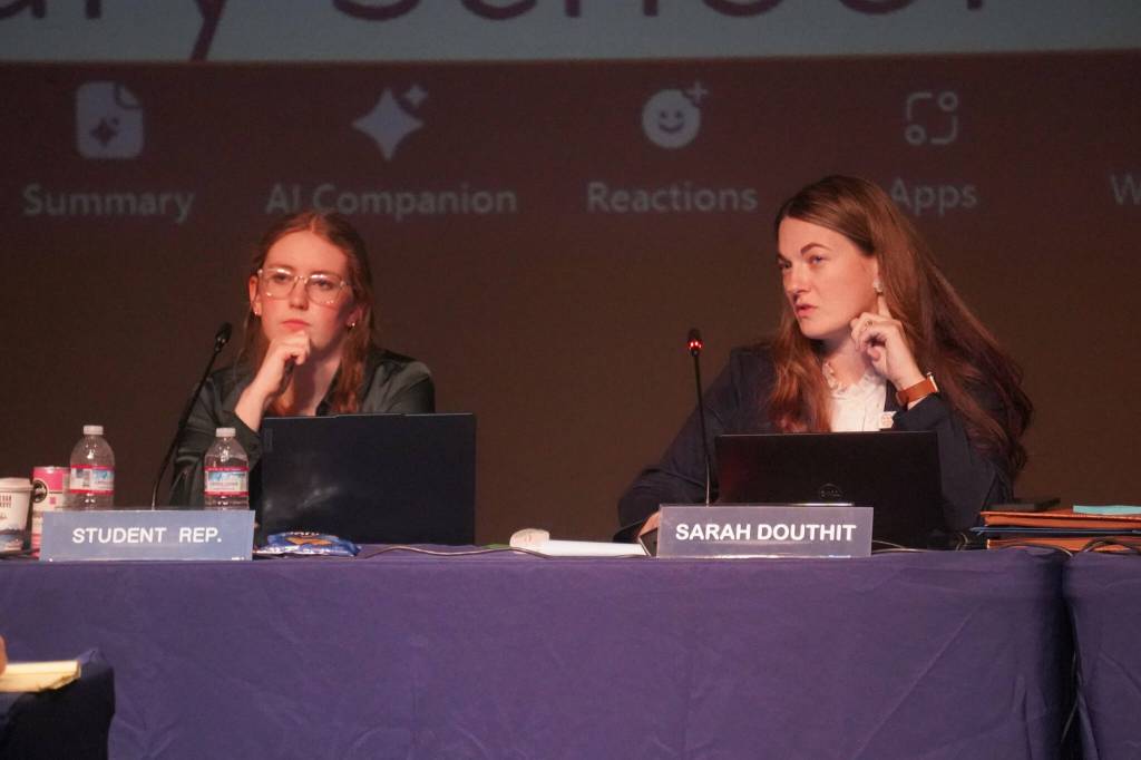 Sarah Douthit speaks during a meeting of the Kenai Peninsula Borough School Districts Board of Education in Homer, Alaska, on Monday, March 3, 2025. (Jake Dye/Peninsula Clarion)