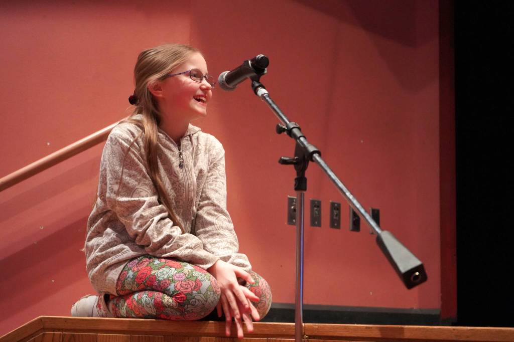 Tiasa Prevost, a student of Nikolaevsk School, speaks during a meeting of the Kenai Peninsula Borough School Districts Board of Education in Homer, Alaska, on Monday, March 3, 2025. (Jake Dye/Peninsula Clarion)