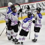 Riley Mullen (9) of the Kenai River Brown Bears is congratulated on his goal Thursday, March 6, 2025, at the Soldotna Regional Sports Complex in Soldotna, Alaska. (Photo by Jeff Helminiak/Peninsula Clarion)