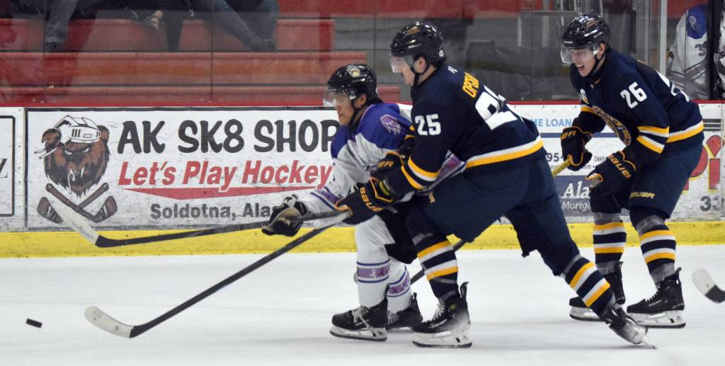 Joseph Yoon of the Kenai River Brown Bears drives the net on Logan Opgrand of the Springfield (Illinois) Jr. Blues on Thursday, March 6, 2025, at the Soldotna Regional Sports Complex in Soldotna, Alaska. (Photo by Jeff Helminiak/Peninsula Clarion)