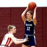 Soldotna's Cassidy Kruse looks to pass across the zone during a loss to Wasilla in the Northern Lights Conference girls semifinals Friday, March 7, 2025, at Grace Christian School in Anchorage, Alaska. (Bruce Eggleston/matsusports.net)