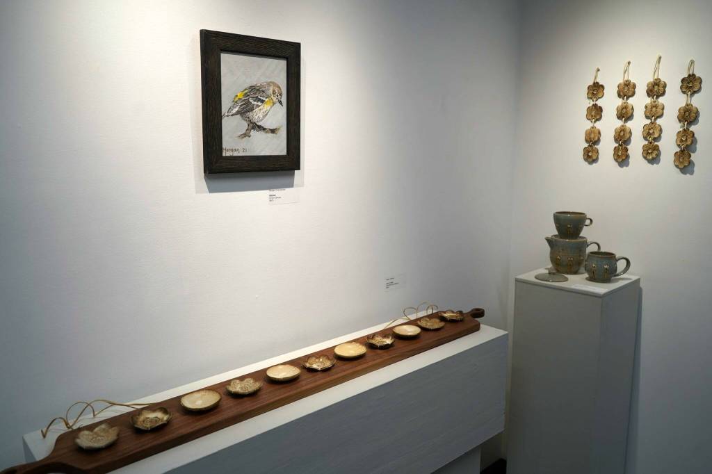 Artwork by Daisy Jeffords and Morgan Chamberlain is displayed as part of Secret Garden during an opening reception at the Kenai Art Center in Kenai, Alaska, on Friday, March 7, 2025. (Jake Dye/Peninsula Clarion)