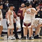 Shaktoolik celebrates defeating Cook Inlet Academy at the Class 1A boys state championship game Saturday, March 15, 2025, at the Alaska Airlines Center in Anchorage, Alaska. (Photo by Jeff Helminiak/Peninsula Clarion)
