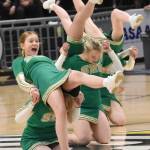 The Seward cheerleaders perform at halftime at the Class 2A girls state championship game Saturday, March 15, 2025, at the Alaska Airlines Center in Anchorage, Alaska. (Photo by Jeff Helminiak/Peninsula Clarion)
