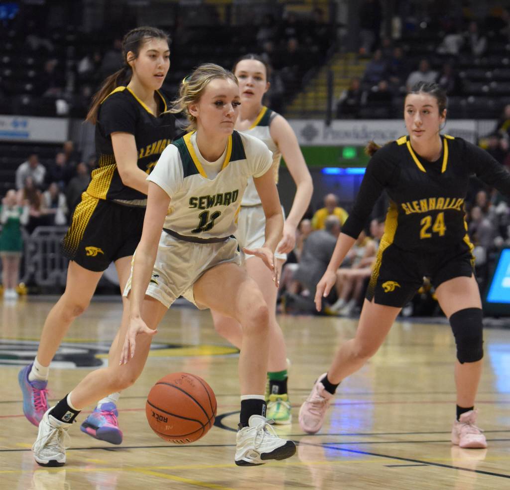 Sewards Addison Lemme drives on Glennallen at the Class 2A girls state championship game Saturday, March 15, 2025, at the Alaska Airlines Center in Anchorage, Alaska. (Photo by Jeff Helminiak/Peninsula Clarion)