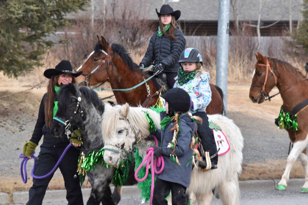 Horses participate in the Sweeneys St. Patricks Day Parade, Monday, March 17, 2025, in Soldotna, Alaska. (Photo by Erin Thompson/Peninsula Clarion)