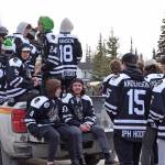 Kenai River Brown Bears hockey players participate in the Sweeneys St. Patricks Day Parade, Monday, March 17, 2025, in Soldotna, Alaska. (Photo by Erin Thompson/Peninsula Clarion)