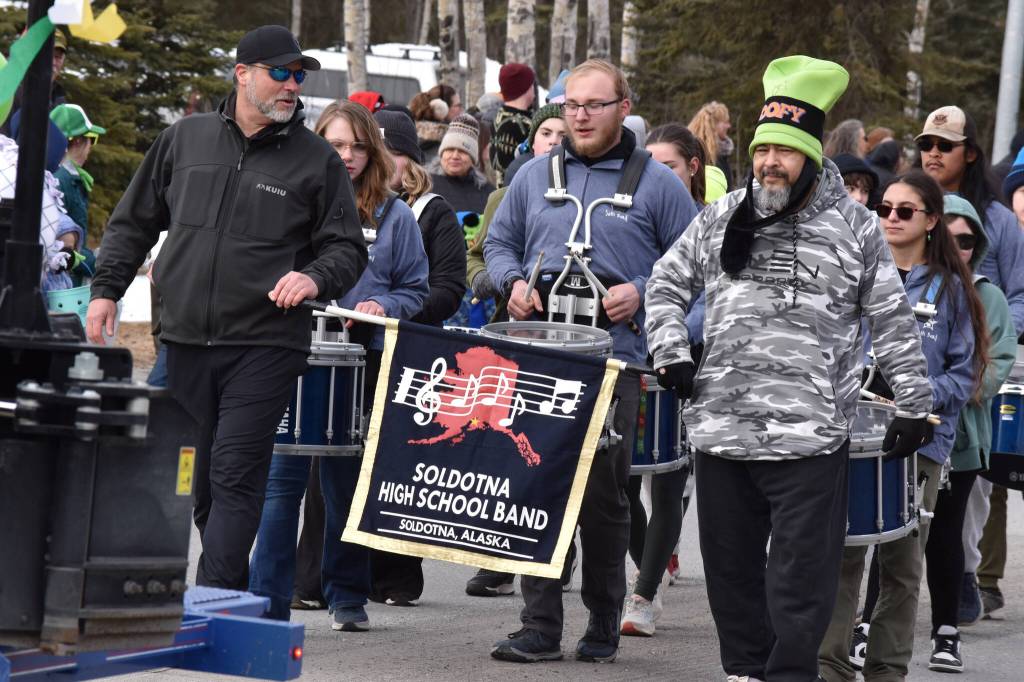 The Soldotna High School band participates in the Sweeneys St. Patricks Day Parade, Monday, March 17, 2025, in Soldotna, Alaska. (Photo by Erin Thompson/Peninsula Clarion)