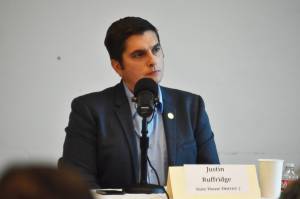 Alaska State House District 7 candidate Rep. Justin Ruffridge participates in the Peninsula Clarion and KDLL 91.9 FM candidate forum at the Soldotna Public Library on Monday, Oct. 14, 2024, in Soldotna, Alaska. (Photo by Erin Thompson/Peninsula Clarion)
