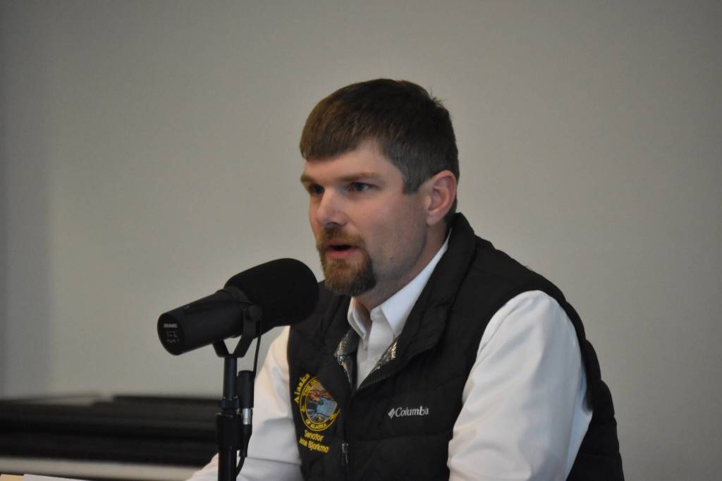 Alaska State Sen. Jesse Bjorkman (R-Nikiski) speaks at Senate District D candidate forum hosted by the Peninsula Clarion and KDLL 91.9 FM on Monday, Oct. 7, 2024, at the Soldotna Public Library in Soldotna, Alaska. (Photo by Erin Thompson/Peninsula Clarion)