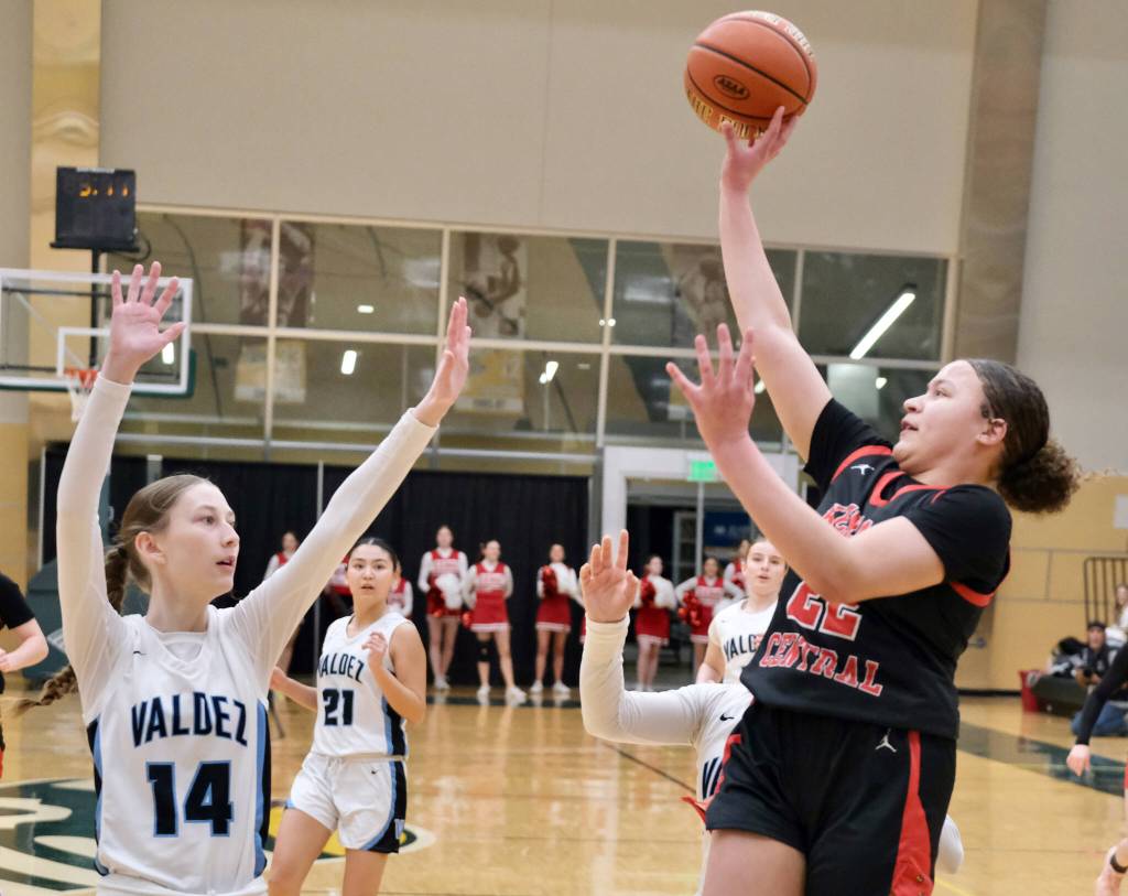 Kenai freshman Bryleigh Williams shoots over Valdez junior Rylee Wade (14) during the Kardinals 43-39 win over Valdez on Wednesday, March 19, 2025, in the 2025 ASAA March Madness Alaska 3A/4A Basketball State Championships at the Alaska Airlines Center in Anchorage, Alaska. (Klas Stolpe / Juneau Empire)