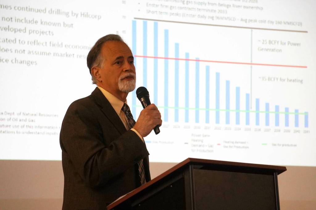 Kenai Peninsula Borough Mayor Peter Micciche presents the findings of the Southcentral Mayors Energy Coalition during a luncheon hosted by the Kenai Chamber of Commerce in Kenai, Alaska, on Wednesday, March 19, 2025. (Jake Dye/Peninsula Clarion)