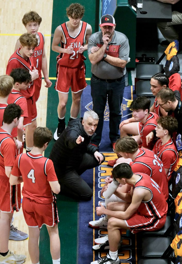 Kenai coach Nolan Rose talks to the Kardinals during their 71-49 loss to the Valdez Buccaneers on Friday, March 21, 2025, in the 4th/6th place game of the 2025 ASAA March Madness Alaska 3A/4A Basketball State Championships at the Alaska Airlines Center in Anchorage, Alaska. (Klas Stolpe / Juneau Empire)