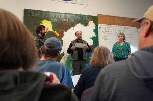 Salmon Champions present their ideas for projects to protect salmon habitat during the Local Solution meeting at the Cook Inletkeeper Community Action Studio in Soldotna, Alaska, on Thursday, March 20, 2025. (Jake Dye/Peninsula Clarion)