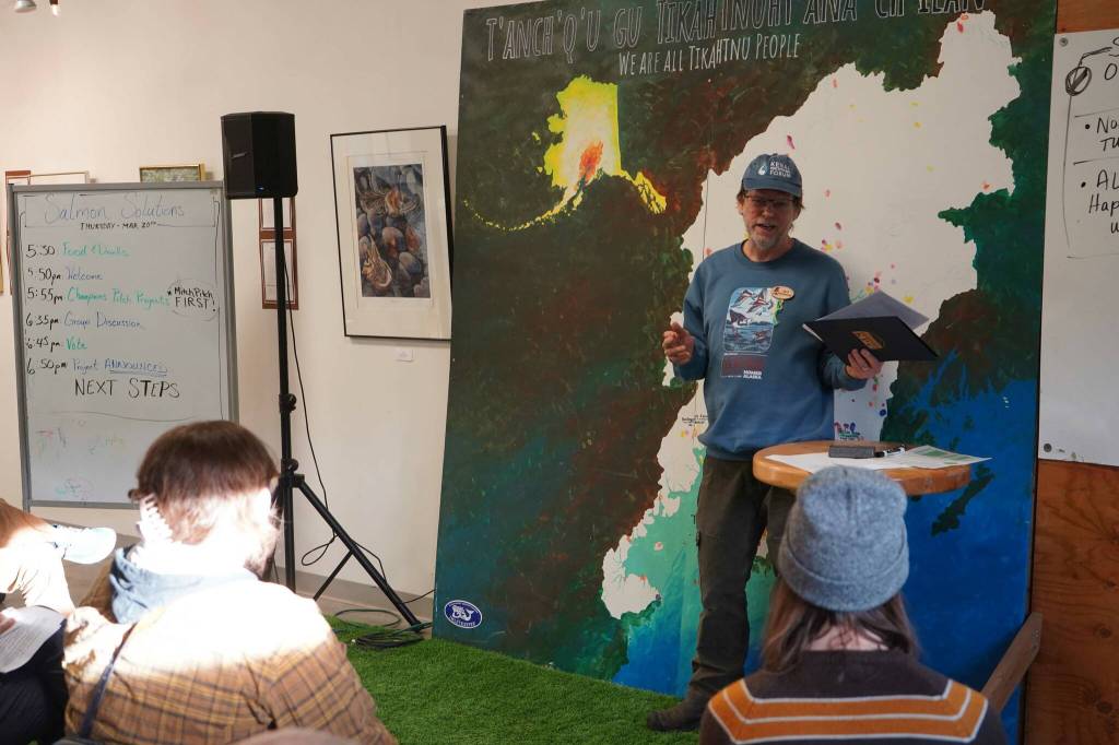 Salmon Champions present their ideas for projects to protect salmon habitat during the Local Solution meeting at the Cook Inletkeeper Community Action Studio in Soldotna, Alaska, on Thursday, March 20, 2025. (Jake Dye/Peninsula Clarion)