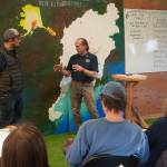 Salmon Champions present their ideas for projects to protect salmon habitat during the Local Solution meeting at the Cook Inletkeeper Community Action Studio in Soldotna, Alaska, on Thursday, March 20, 2025. (Jake Dye/Peninsula Clarion)