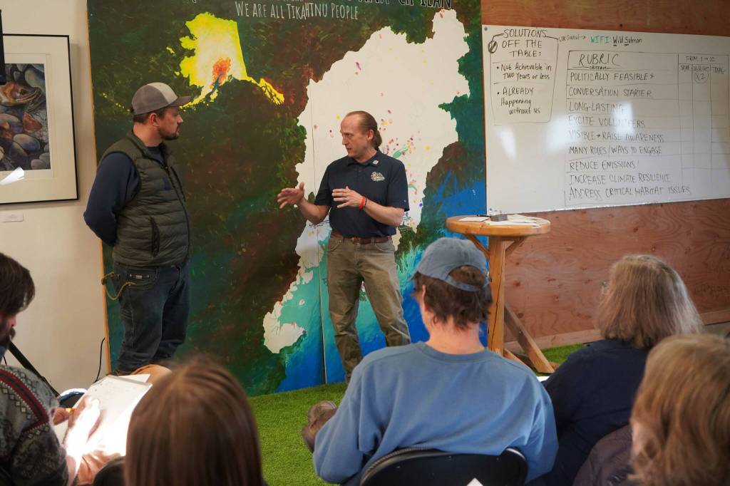 Salmon Champions present their ideas for projects to protect salmon habitat during the Local Solution meeting at the Cook Inletkeeper Community Action Studio in Soldotna, Alaska, on Thursday, March 20, 2025. (Jake Dye/Peninsula Clarion)