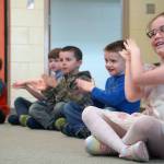 Kindergartners participate in a music lesson led by Delana Green at Tustumena Elementary School in Kasilof, Alaska, on Friday, March 21, 2025. (Jake Dye/Peninsula Clarion)