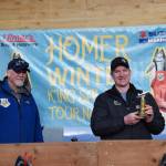 Jeff Laughlin poses with his fifth-place trophy during the 2025 Homer Winter King Salmon Tournament on Saturday, March 22, 2025, at the Deep Water Dock on the Homer Spit in Homer, Alaska. (Delcenia Cosman/Homer News)