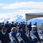 The crew of the Naushon stands at the ceremony on Friday, March 21, 2025, on Freight Dock Road on the Homer Spit in Homer, Alaska. (Chloe Pleznac/Homer News)